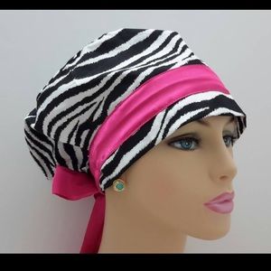 Scrub Hat Bouffant or Skull Cap Silky Pink Zebra